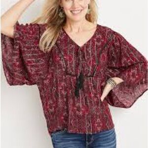 Maurices Red Floral Kimono Sleeve Blouse Boho Floral Tassel Large NWT